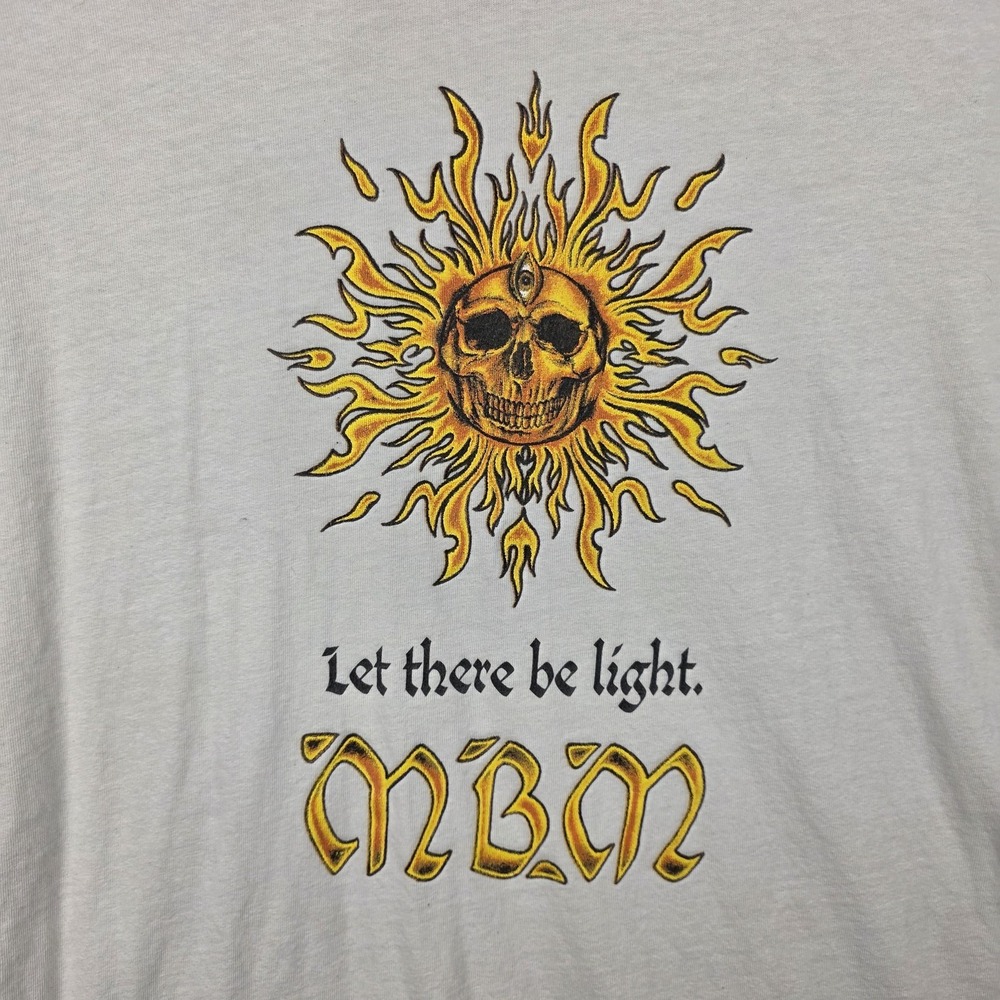 MBM‎ Shirt Mens Large White Yellow Ringer Let There Be Light Skull Sun Tee